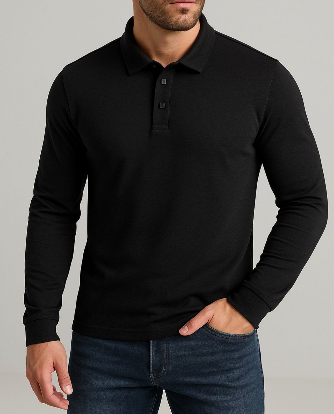 LONG-SLEEVE PREMIUM POLO – BLACK gallery.thumbnail 2