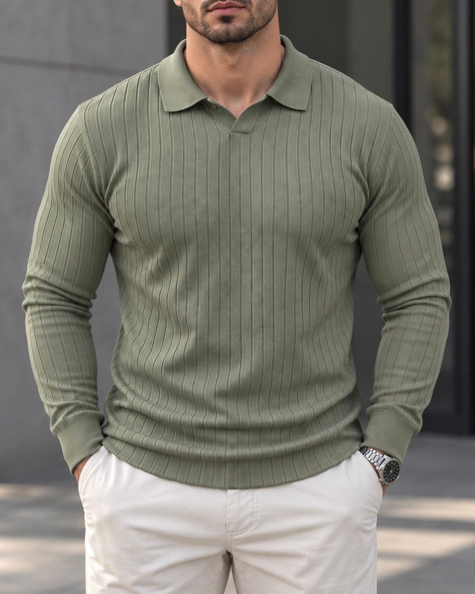RIBBED LONG-SLEEVE POLO – OLIVE  gallery.thumbnail 1