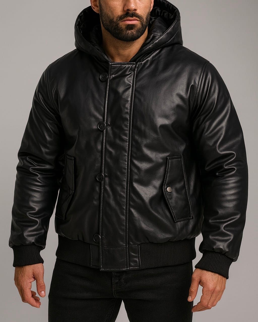 REVERSIBLE FABRIC & LEATHER PUFFER JACKET – BLACK gallery.thumbnail 3