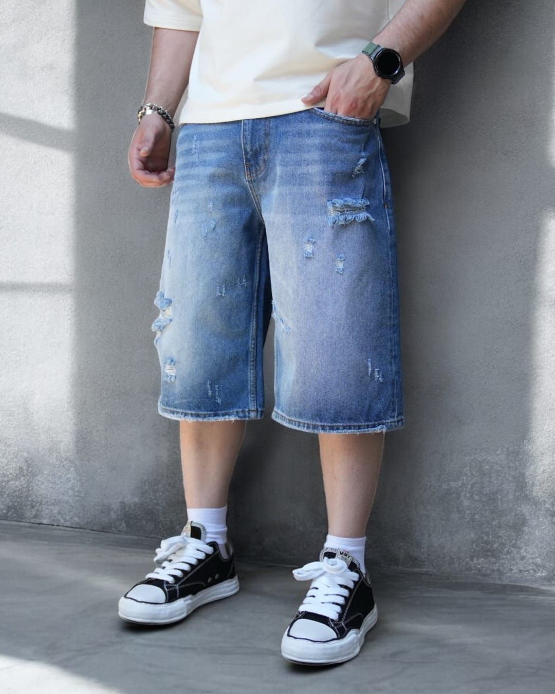 Distressed Denim Shorts – Blue Wash gallery.thumbnail 2