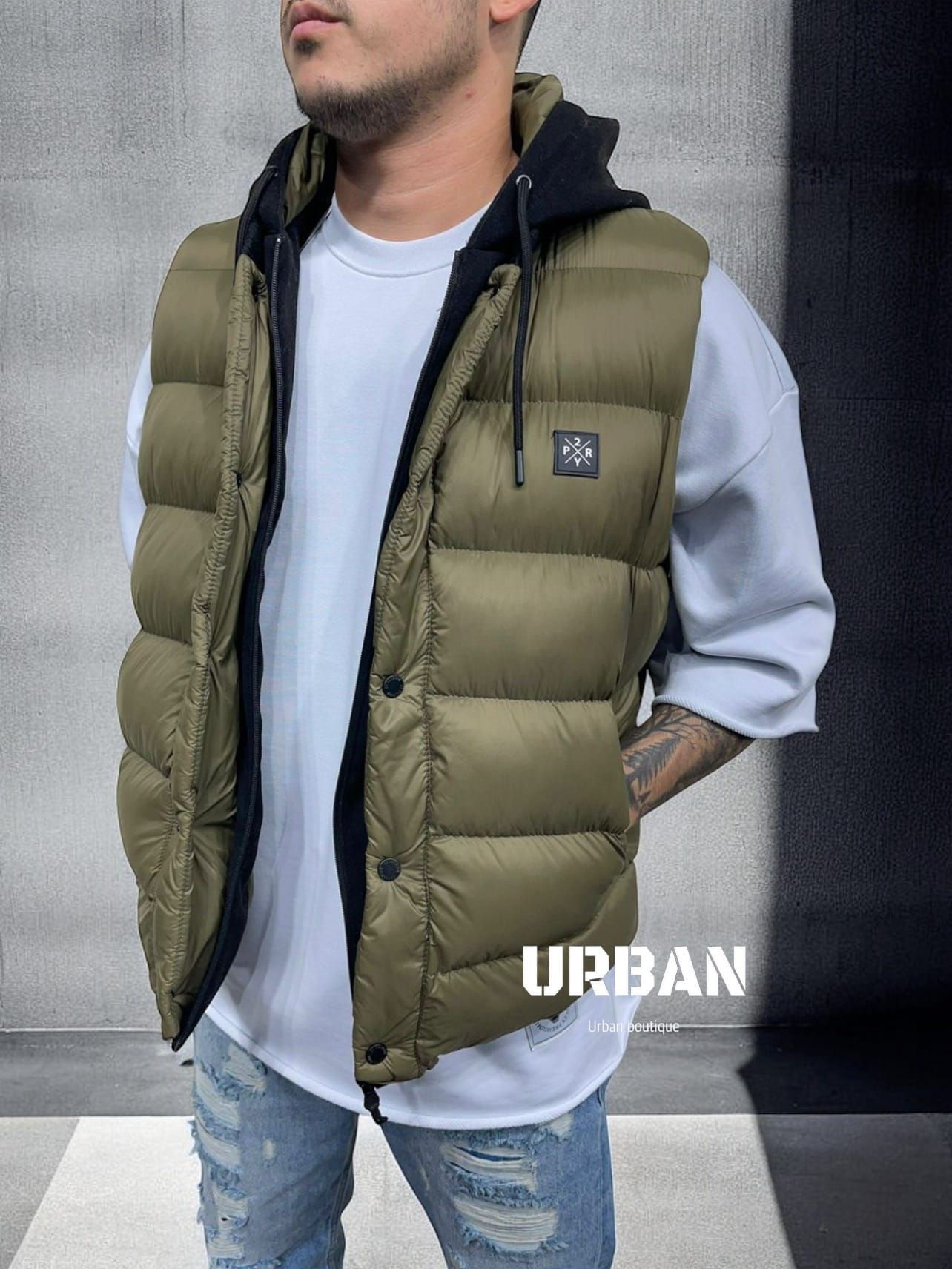 Khaki Hooded Puffer Vest gallery.thumbnail 1