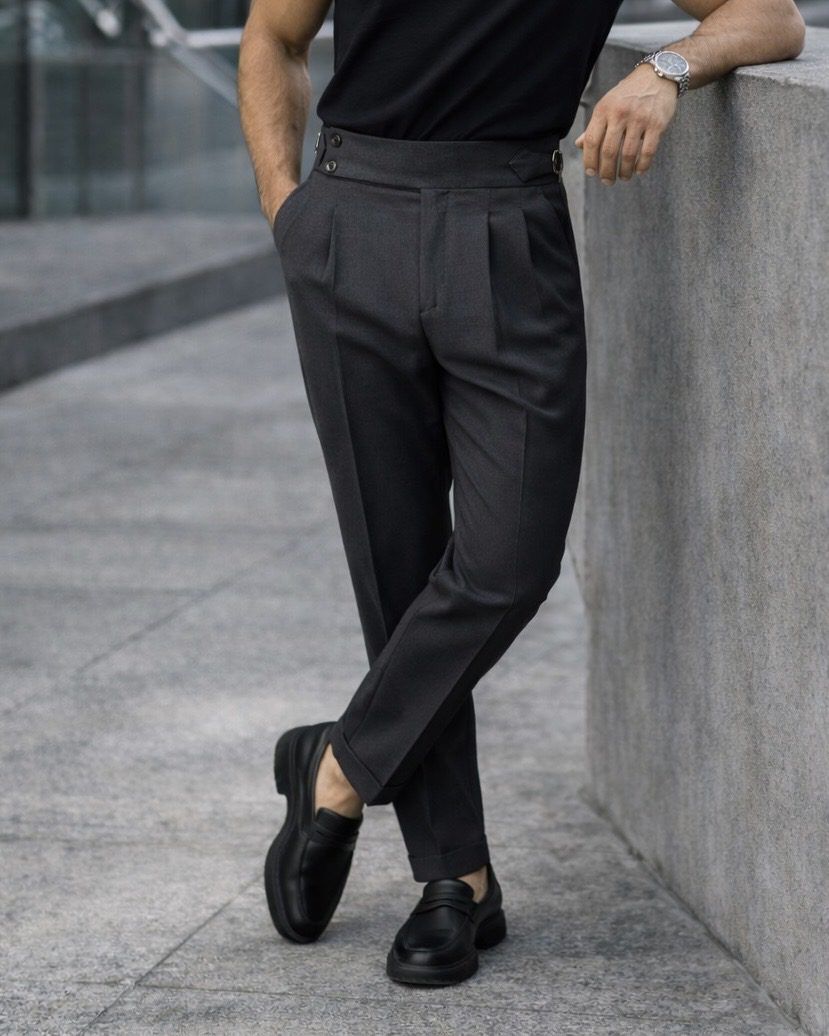 Double Pleat Side Adjuster Trousers – Dark Grey gallery.thumbnail 3
