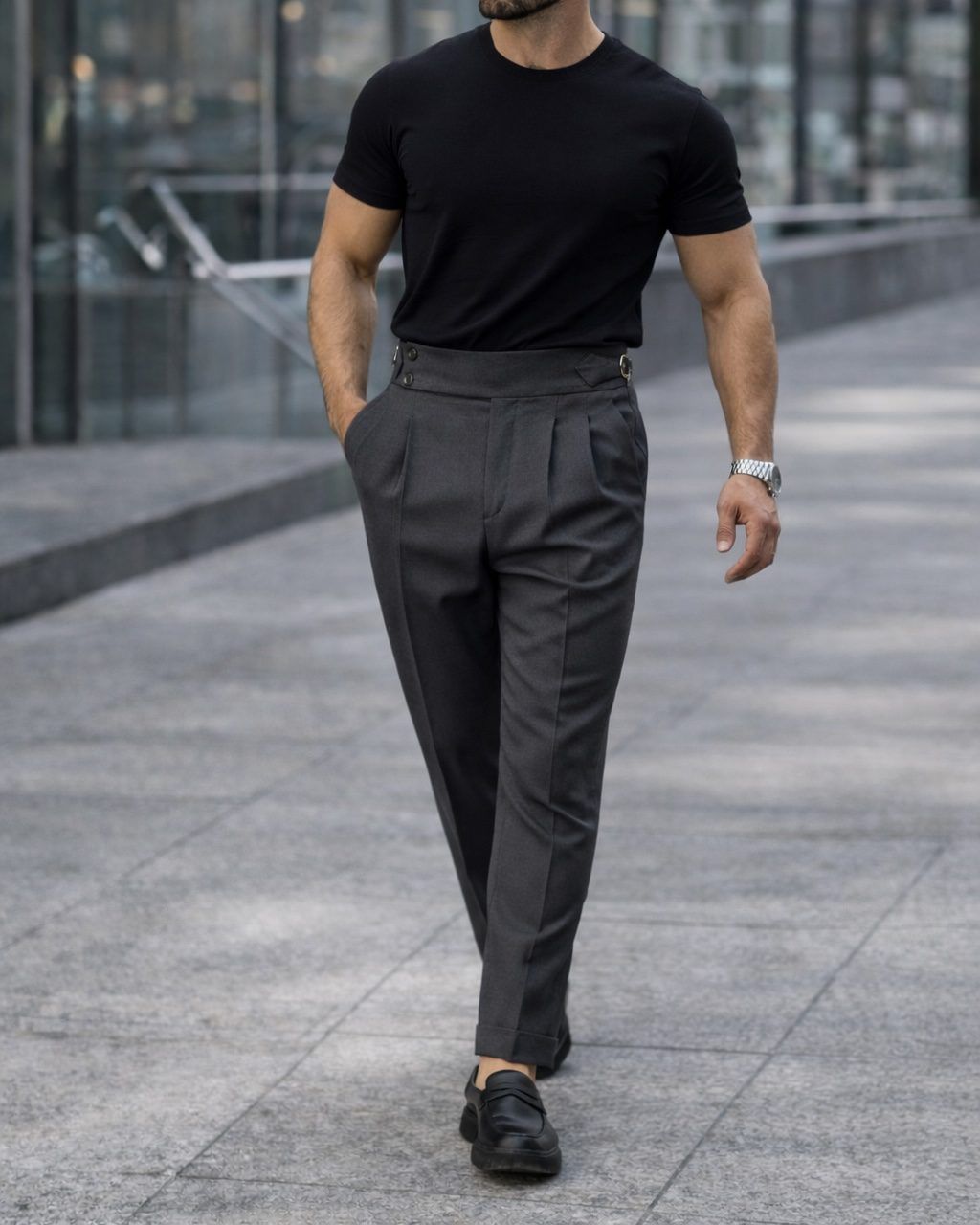 Double Pleat Side Adjuster Trousers – Dark Grey gallery.thumbnail 4