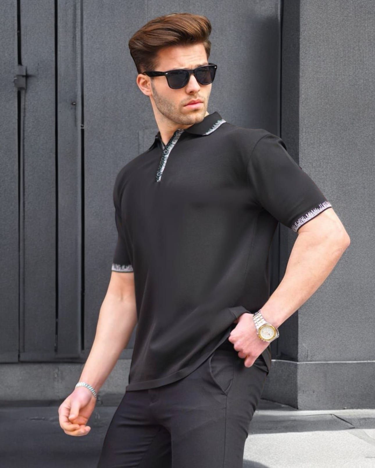 Contrast Collar Polo Shirt – Black gallery.thumbnail 1