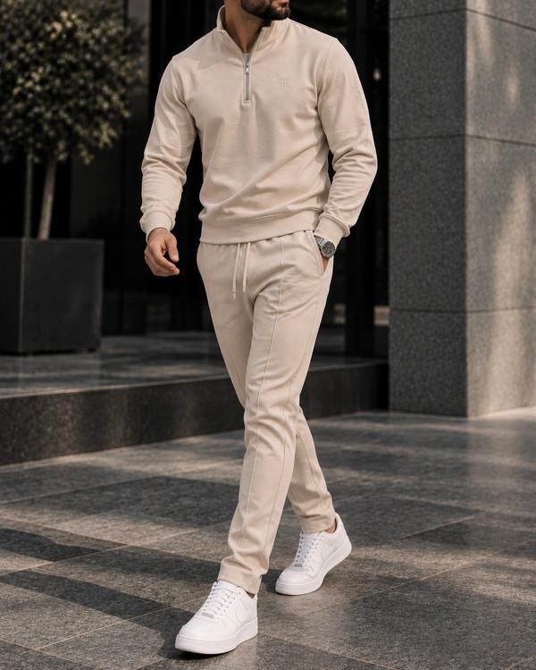 Beige Quarter Zip Tracksuit Set