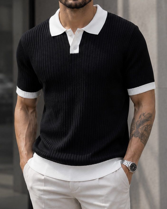 Ribbed Contrast Polo Knit – Black gallery.thumbnail 2