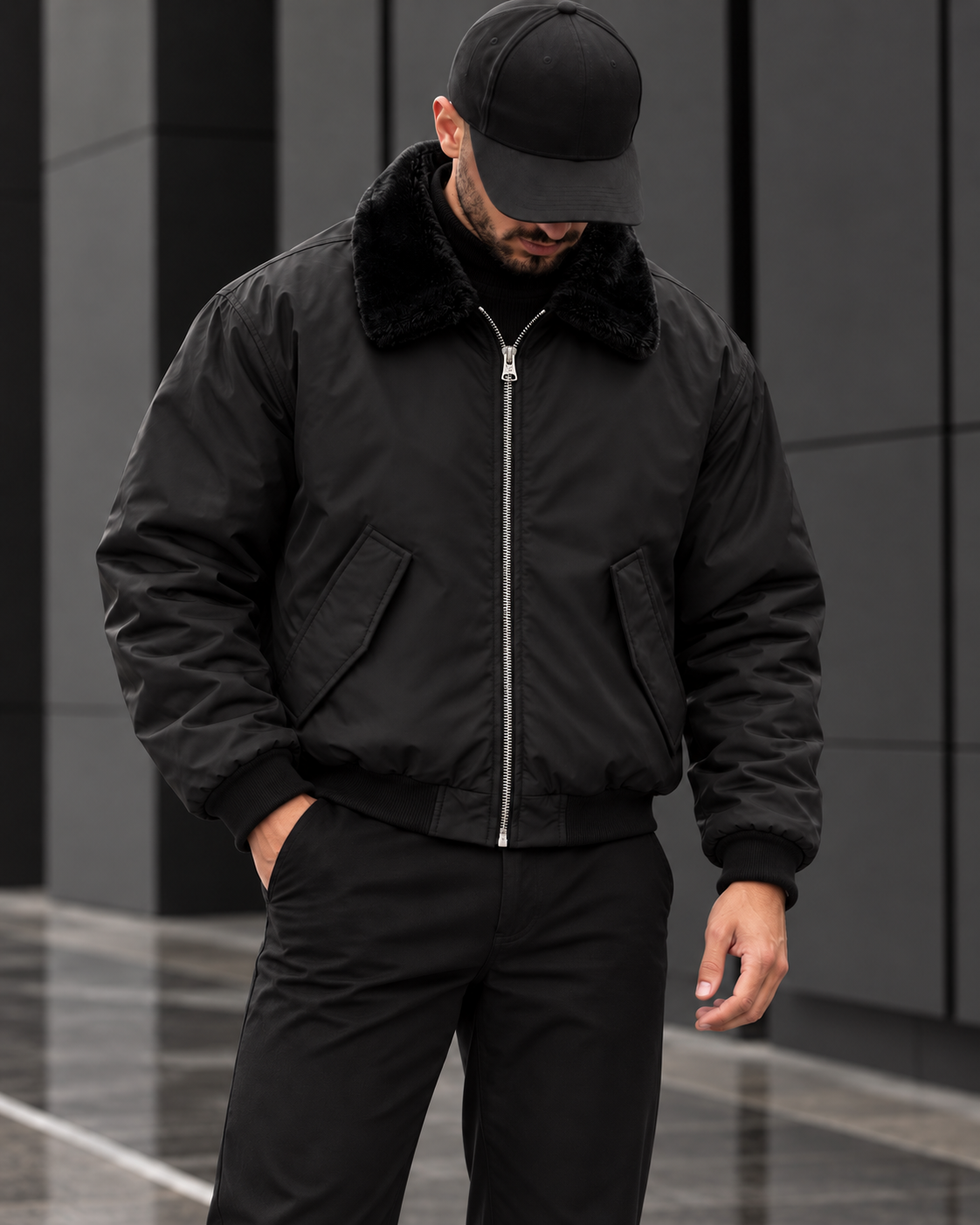 Black Fur Collar Bomber Jacket gallery.thumbnail 2