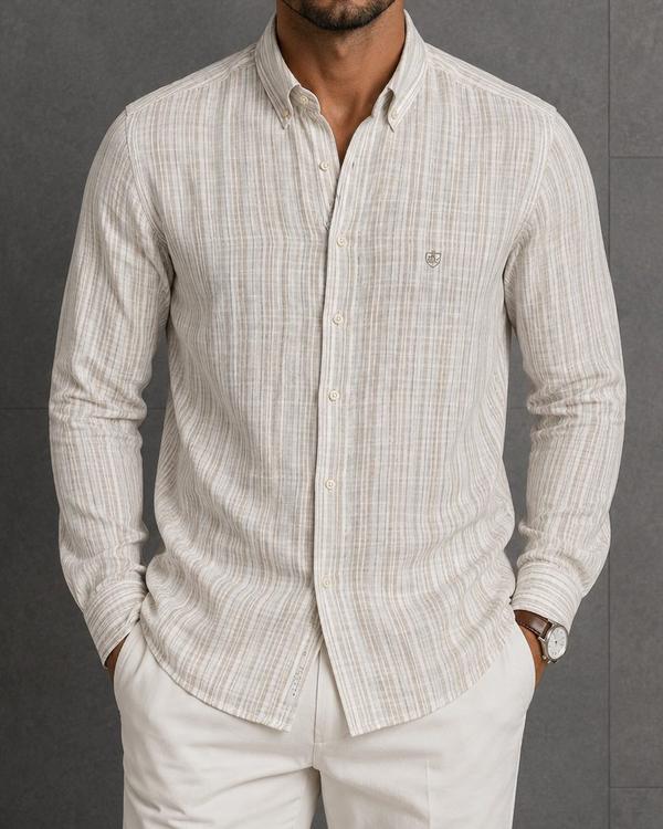 Striped Linen Button-Down Shirt – Beige