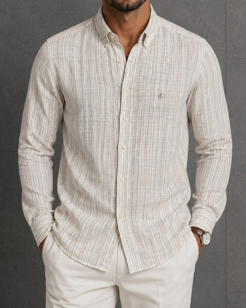 Striped Linen Button-Down Shirt – Beige 1