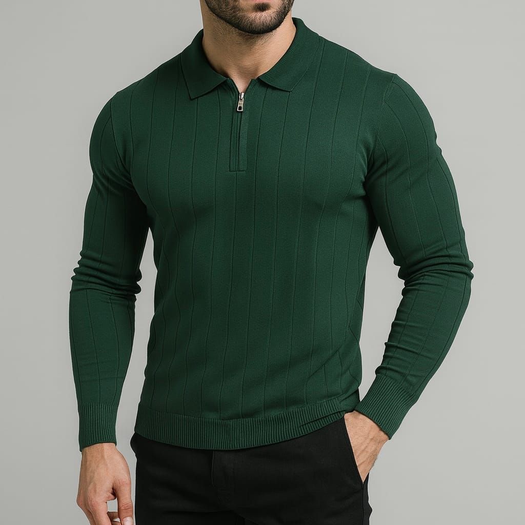 Forest Green Ribbed Zip Polo Sweater gallery.thumbnail 1