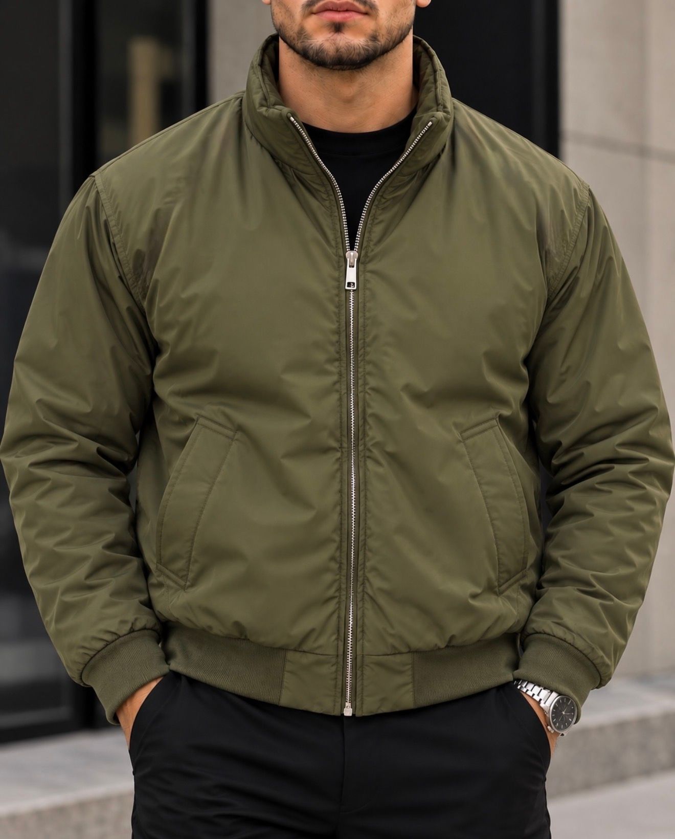 Olive Green Lightweight Zip Bomber Jacket gallery.thumbnail 3
