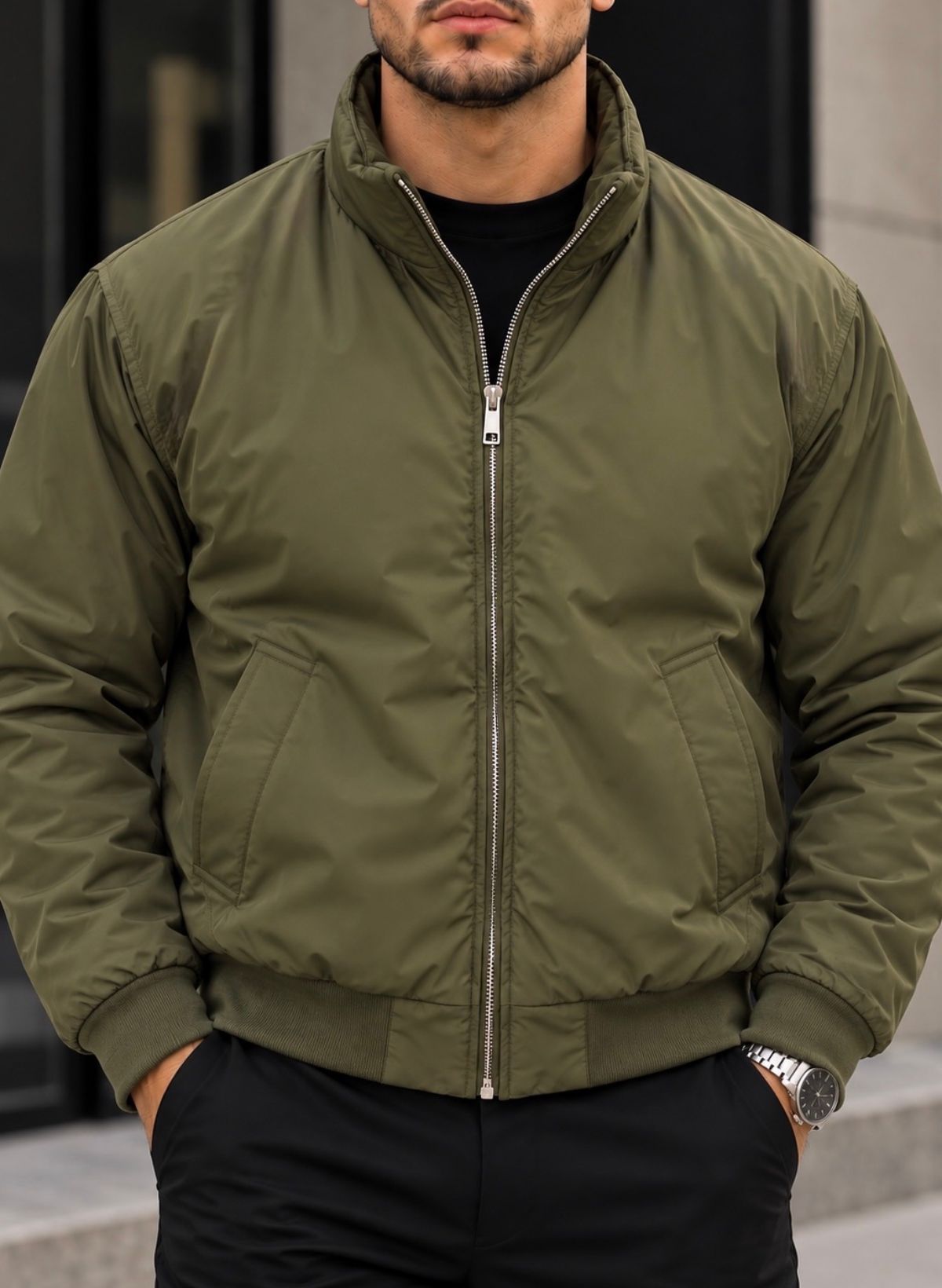 Olive Green Lightweight Zip Bomber Jacket 3