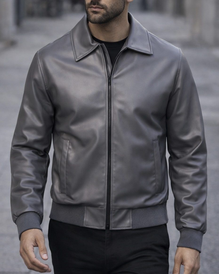 Leather-Look Bomber Jacket – Steel Grey gallery.thumbnail 2