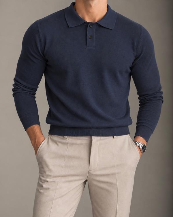 Navy Blue Long Sleeve Knit Polo