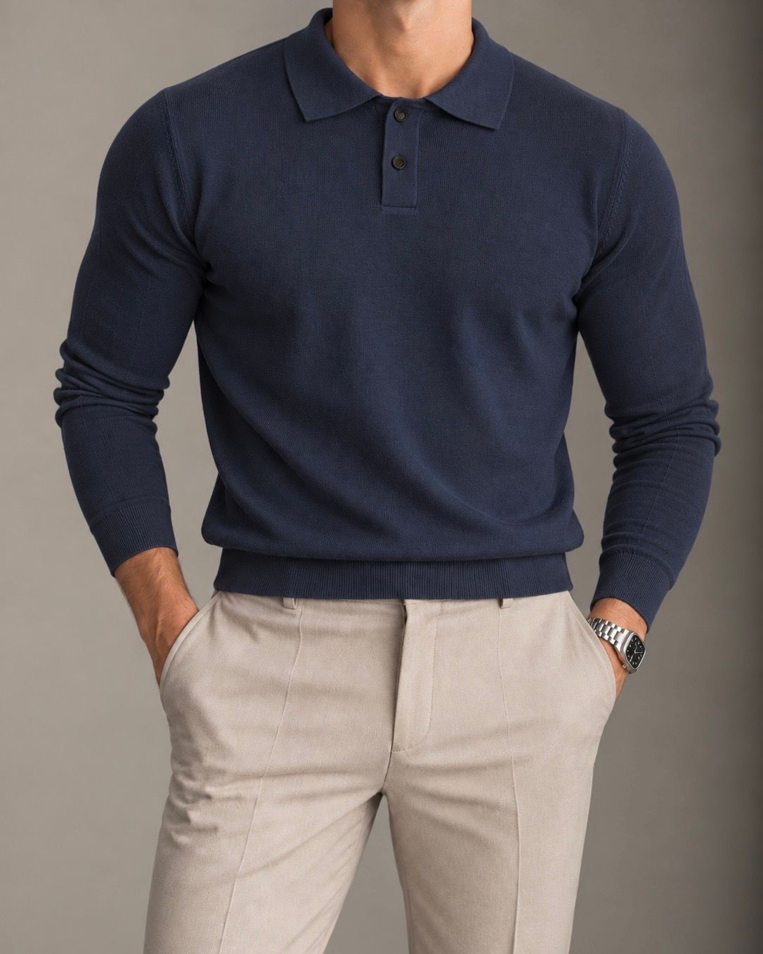 Navy Blue Long Sleeve Knit Polo 1