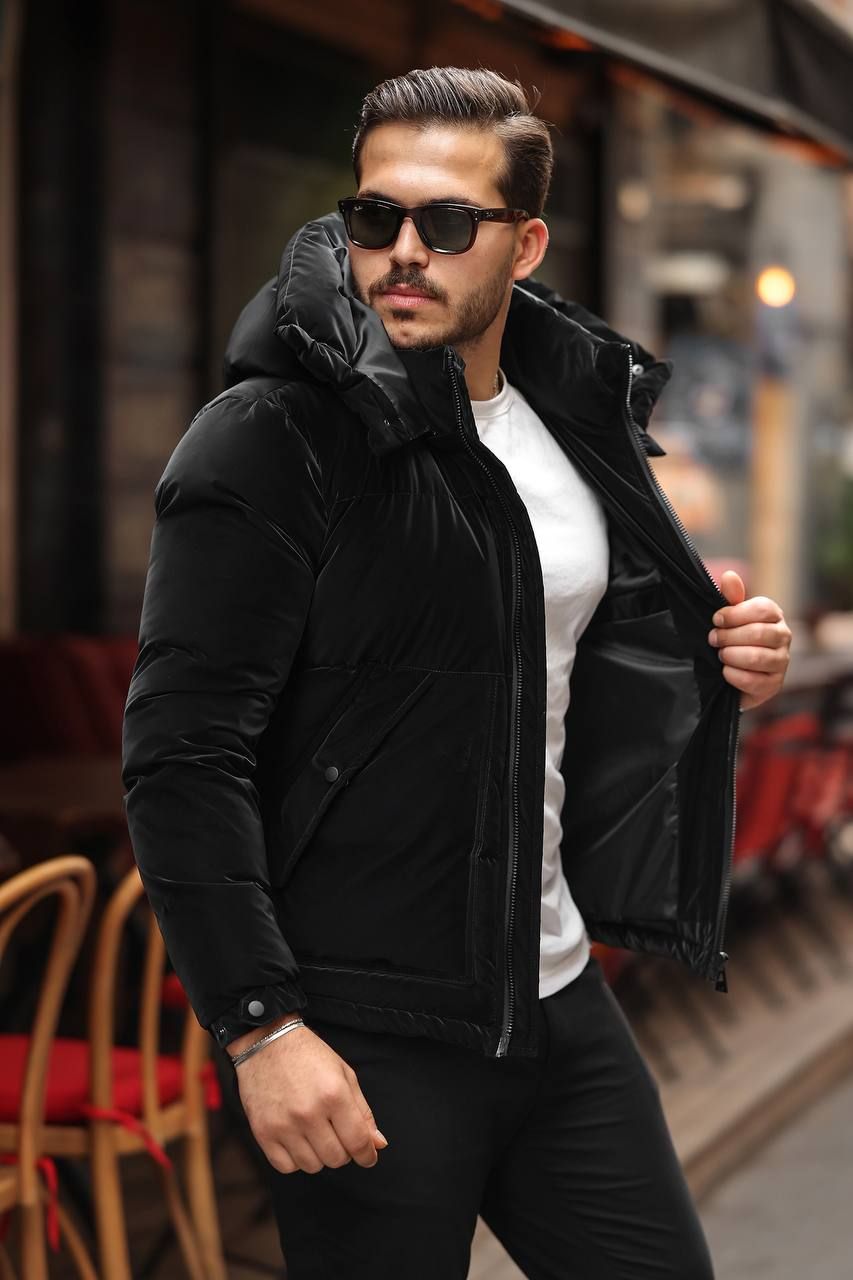 PUFFER JACKET WITH DETACHABLE HOOD – BLACK gallery.thumbnail 2