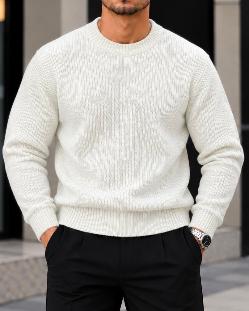 White Ribbed Crew Neck Sweater gallery.thumbnail 1