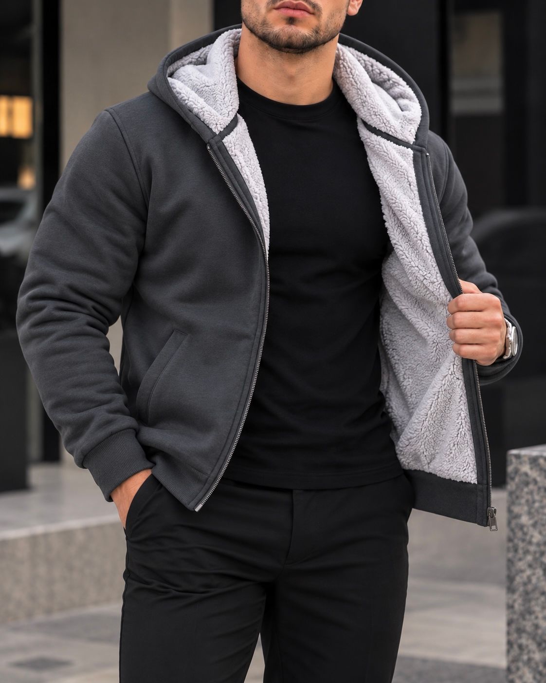 Grey Sherpa-Lined Zip Hoodie gallery.thumbnail 2