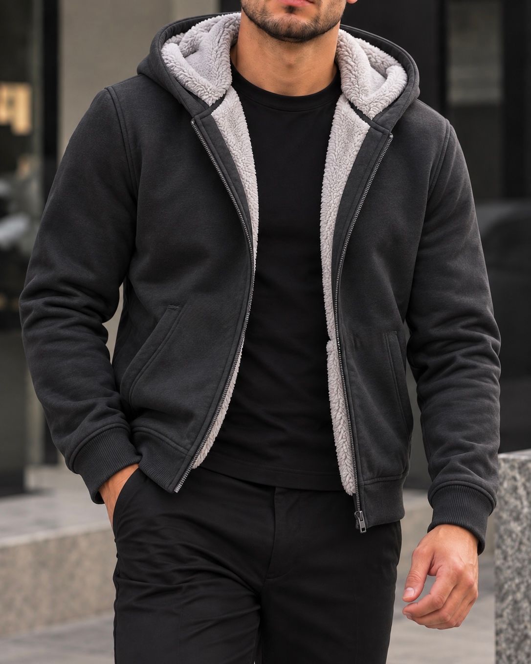 Grey Sherpa-Lined Zip Hoodie gallery.thumbnail 1