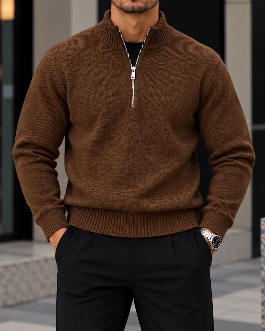 Brown Ribbed Collar Half-Zip Knit 1