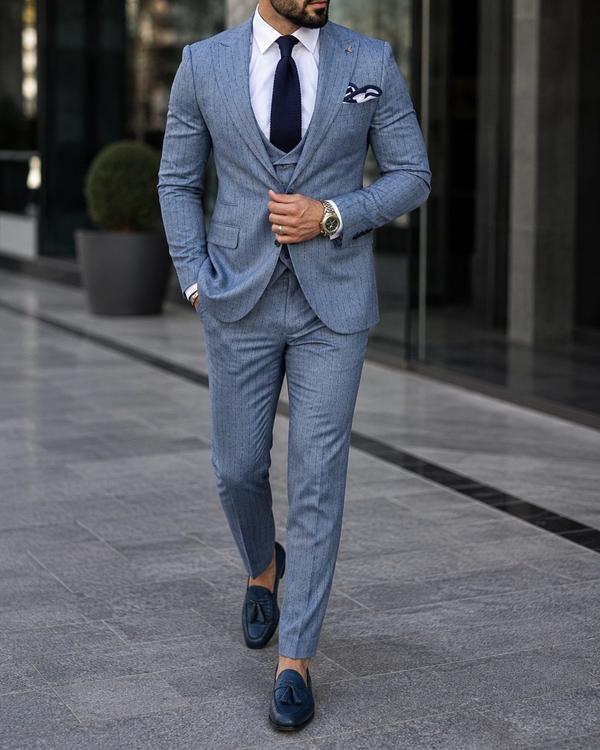Sky Blue Pinstripe Three Piece Suit