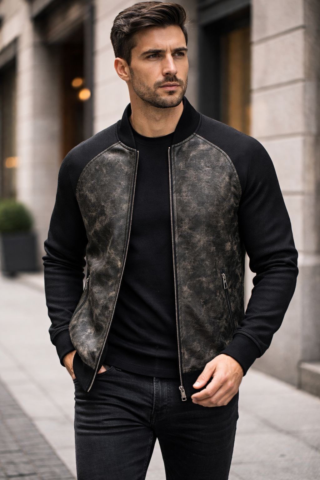 Textured Leather Jacket – Black & Stone gallery.thumbnail 1
