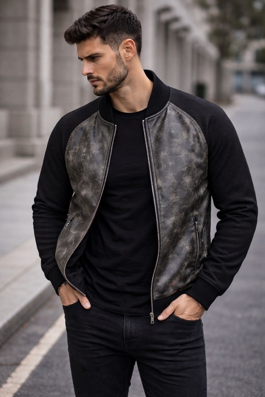 Textured Leather Jacket – Black & Stone gallery.thumbnail 2