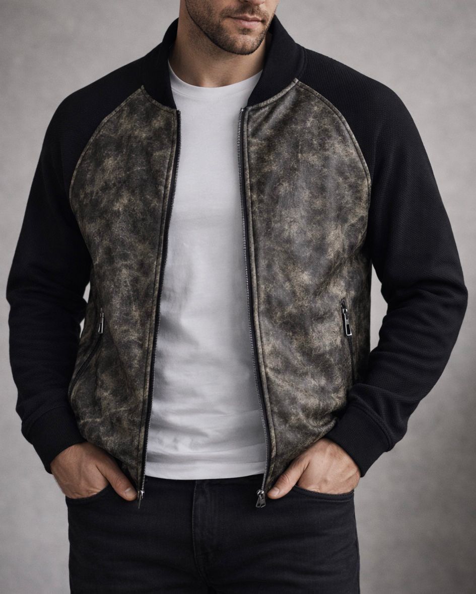 Textured Leather Jacket – Black & Stone gallery.thumbnail 4