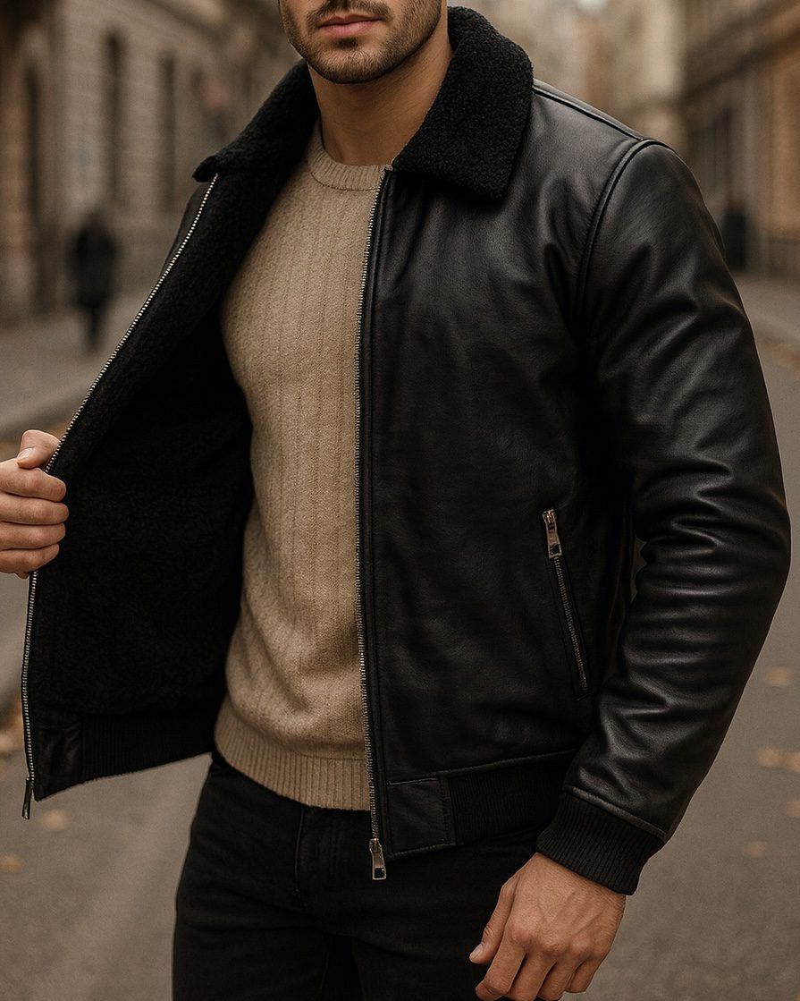BLACK LEATHER BOMBER JACKET gallery.thumbnail 2