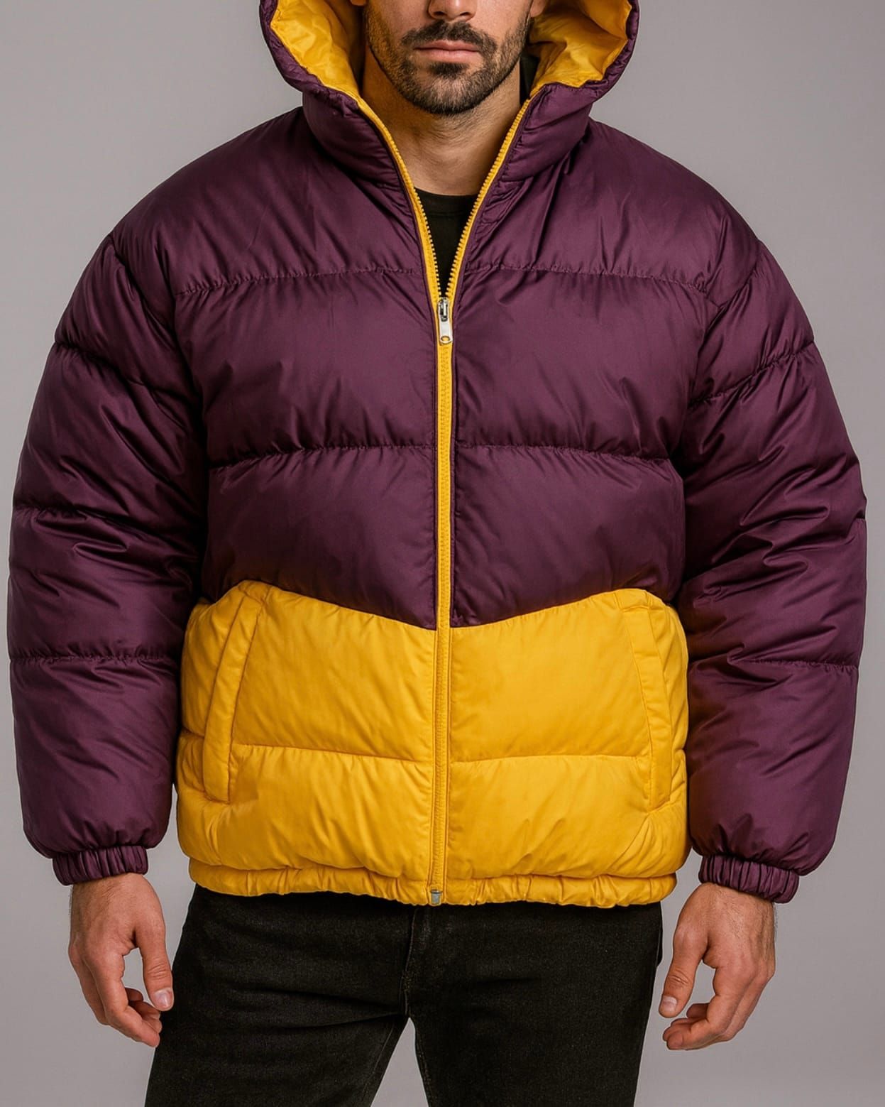 COLORBLOCK PADDED JACKET – BURGUNDY & YELLOW gallery.thumbnail 1