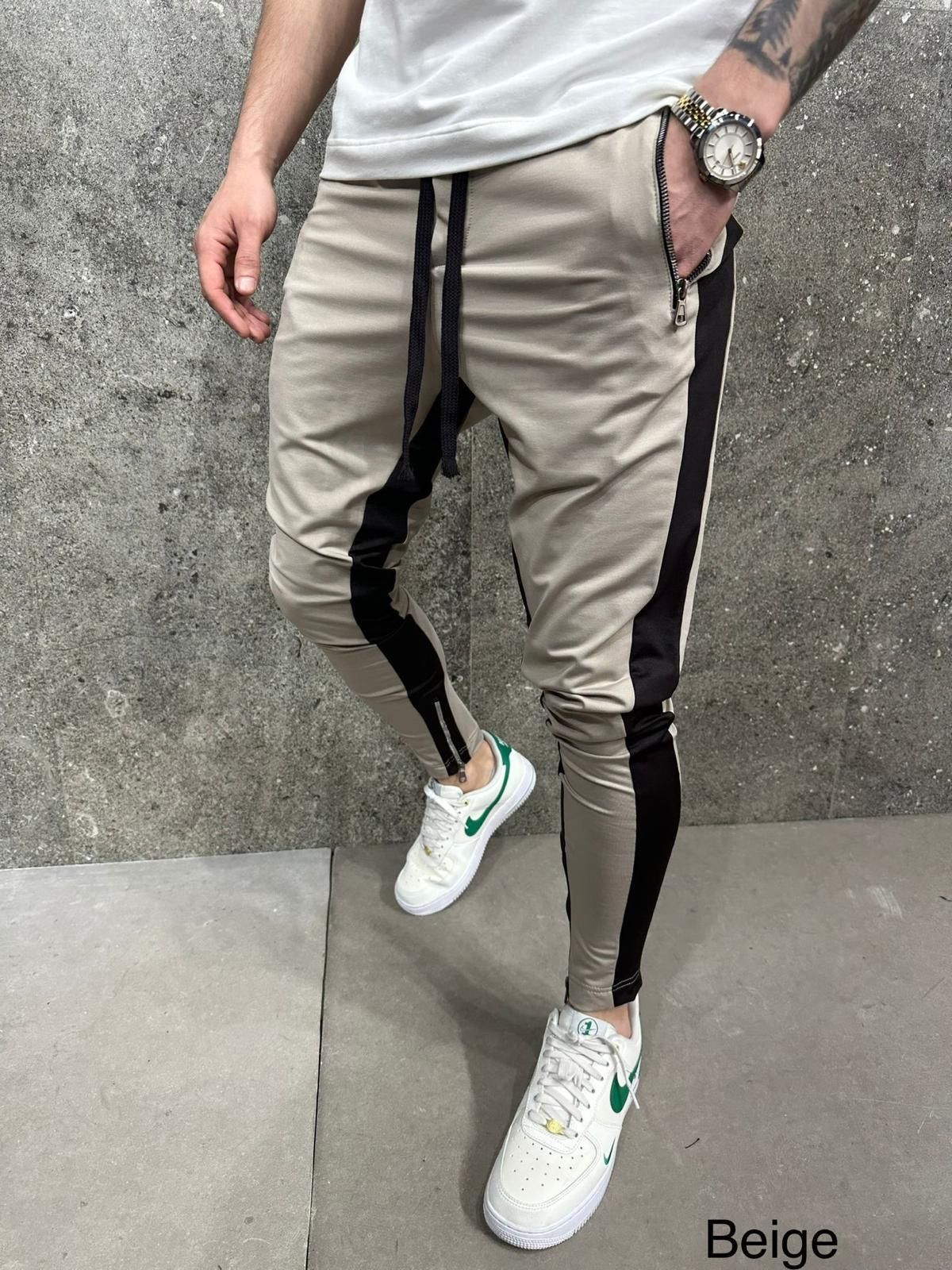 Beige Side Panel Zip Joggers 2