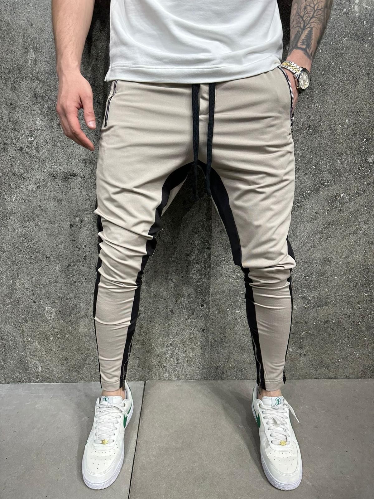 Beige Side Panel Zip Joggers 1