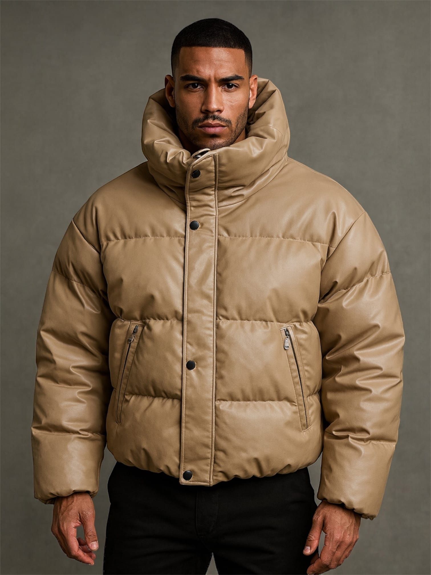 Camel Leather Puffer Jacket gallery.thumbnail 1