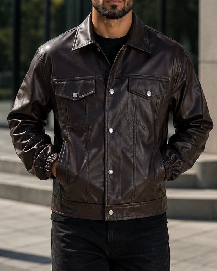 Dark Brown Faux Leather Jacket gallery.thumbnail 1