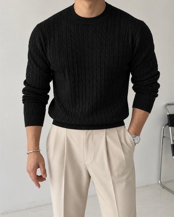 Black Textured Crewneck Knit Sweater