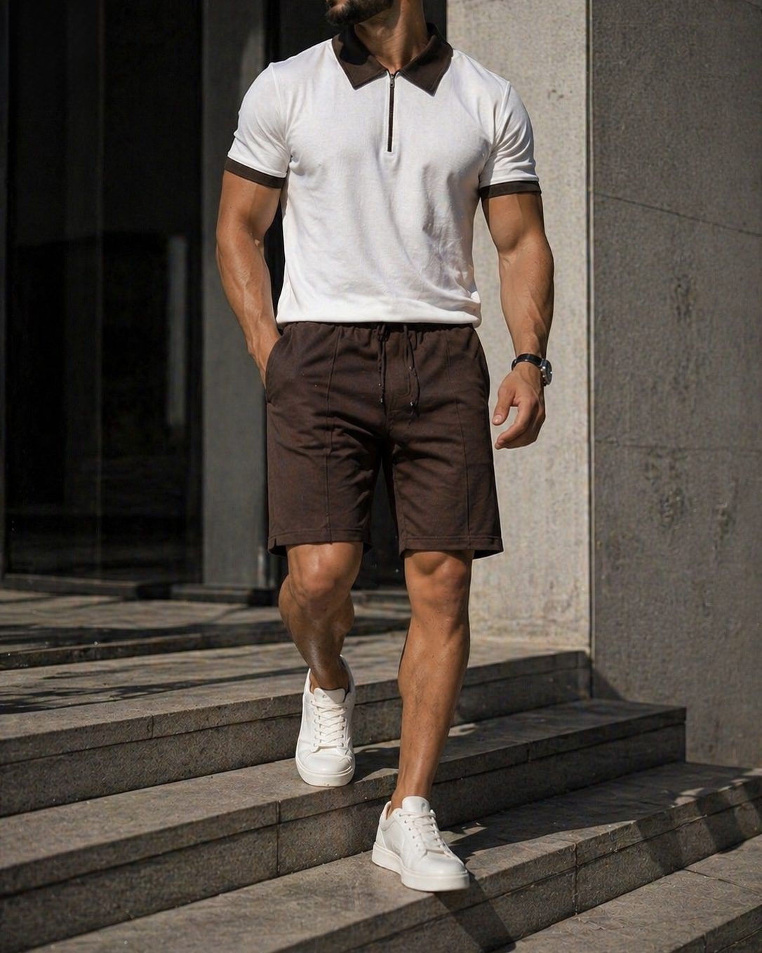 Polo Shirt and Shorts Set – White/Brown gallery.thumbnail 3