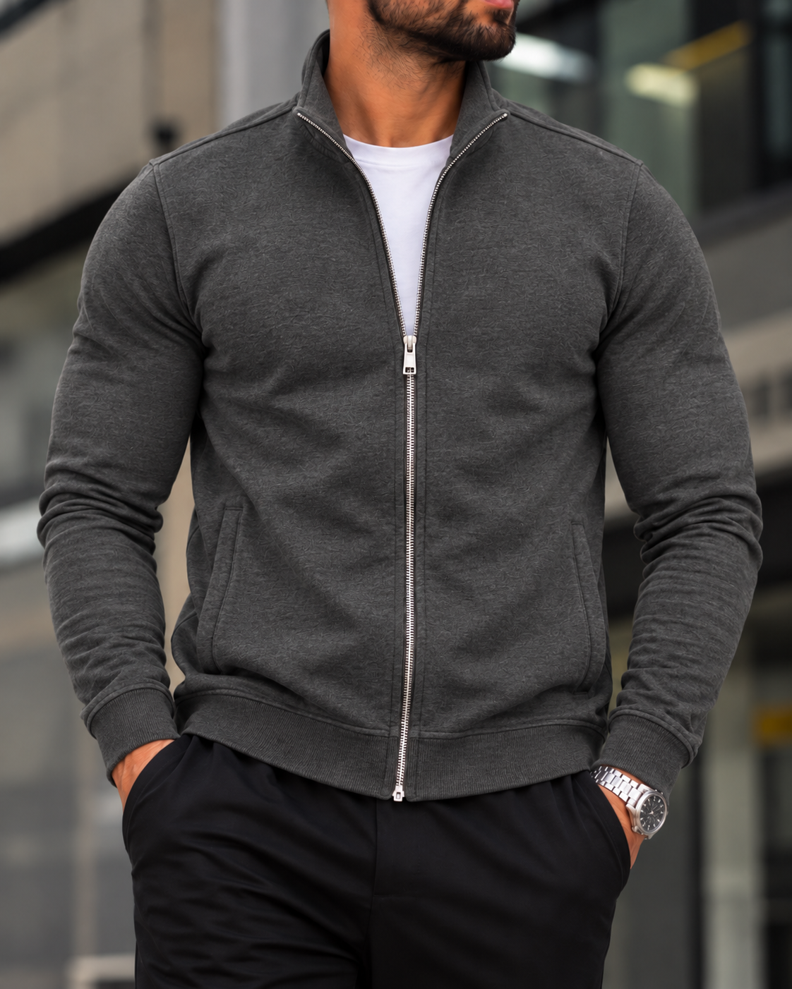 Grey Stand Collar Zip Sweatshirt 1