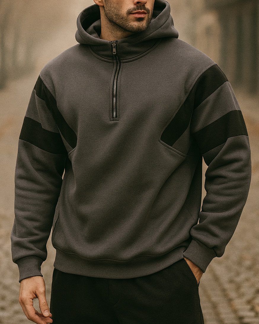 CHARCOAL GREY HALF-ZIP HOODIE WITH STRIPED SLEEVES gallery.thumbnail 1