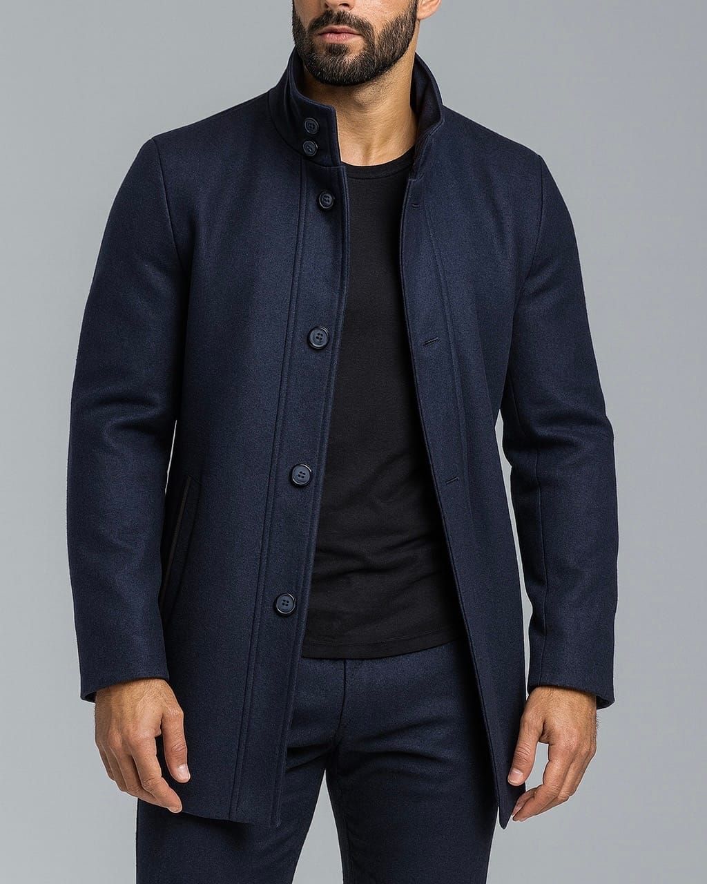 STAND COLLAR WOOL COAT – NAVY BLUE gallery.thumbnail 1