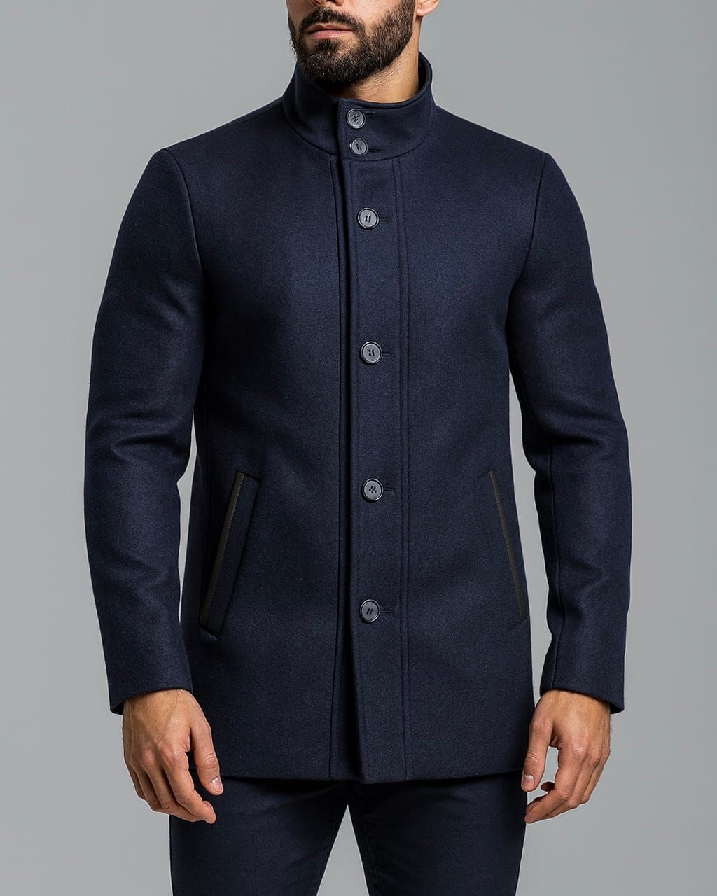 STAND COLLAR WOOL COAT – NAVY BLUE gallery.thumbnail 2