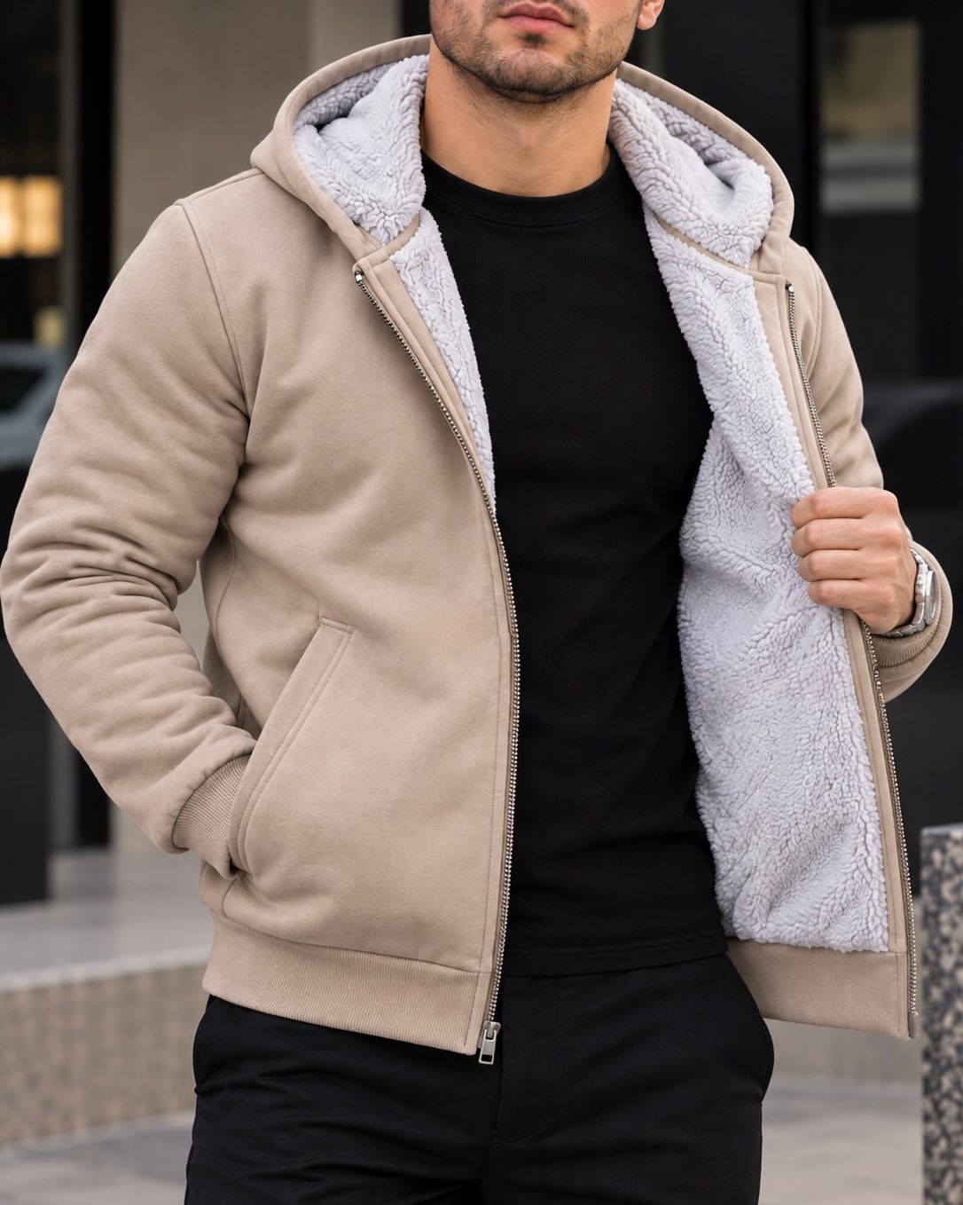 Beige Sherpa-Lined Zip Hoodie 2