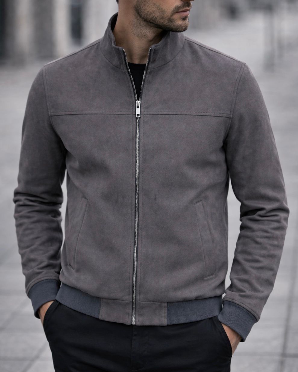 Suede Stand Collar Jacket – Graphite Grey gallery.thumbnail 2