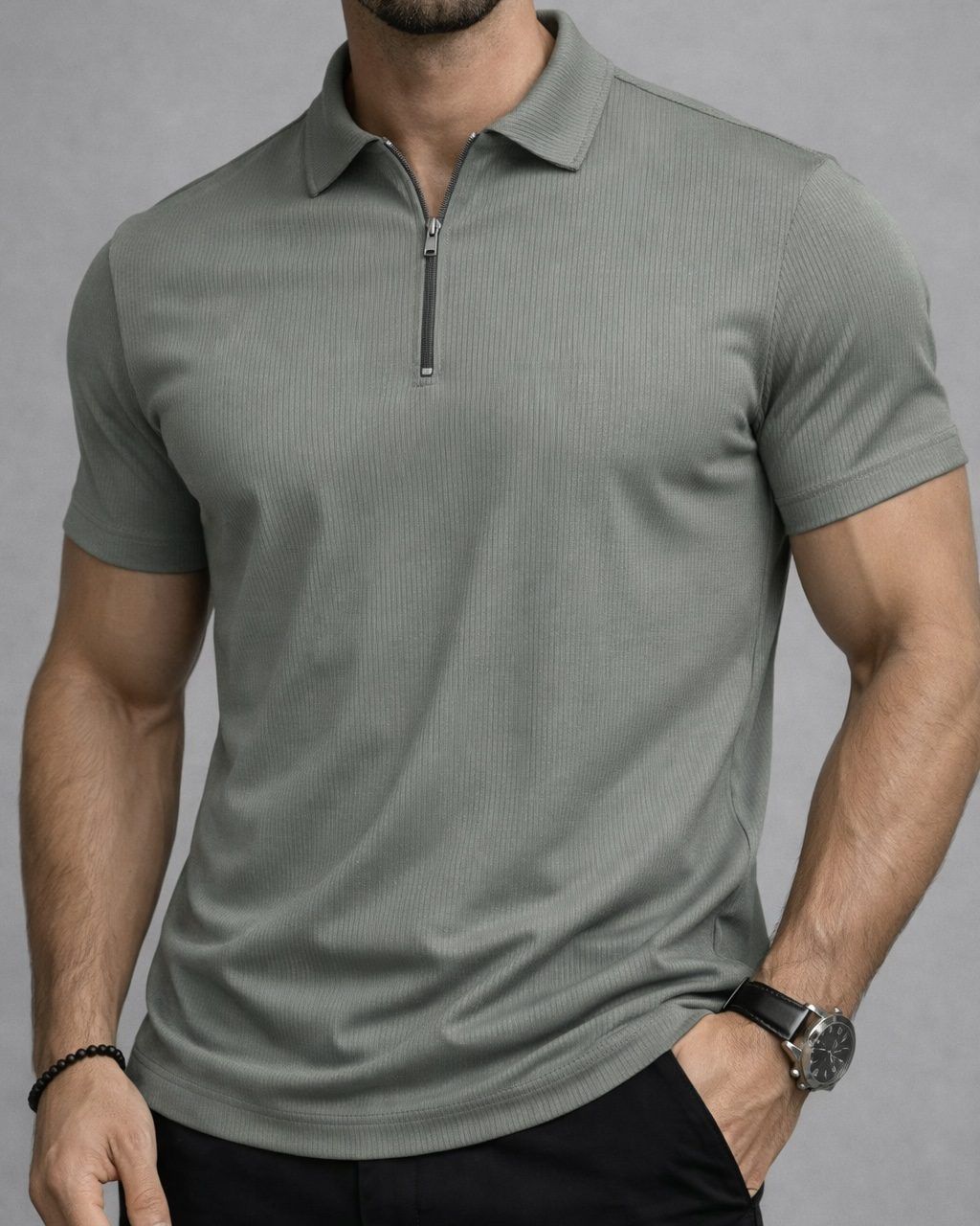 Ribbed Zip Polo – Sage Green gallery.thumbnail 1