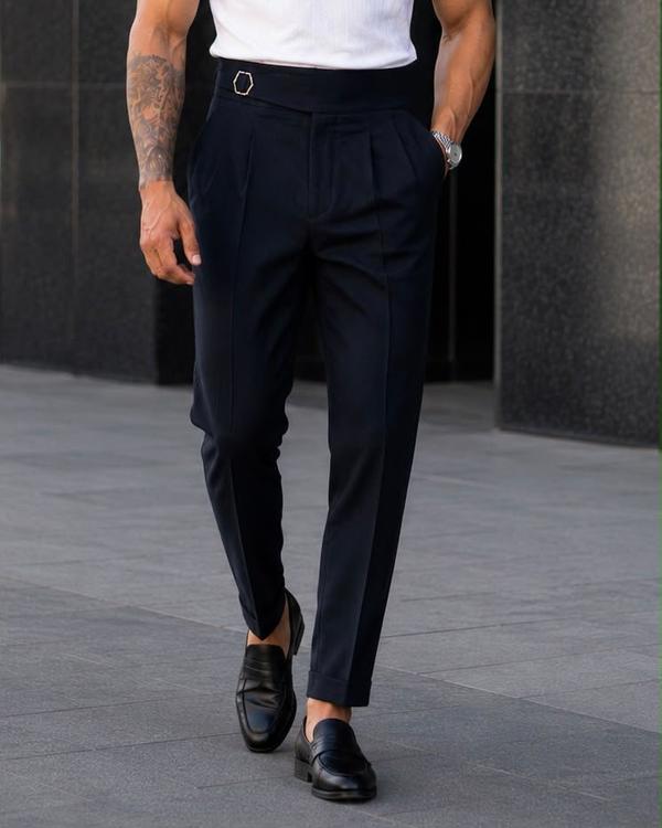 Double Pleat Side Adjuster Trousers – Navy