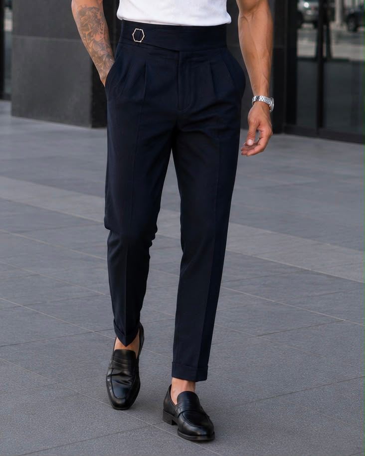 Double Pleat Side Adjuster Trousers – Navy gallery.thumbnail 2