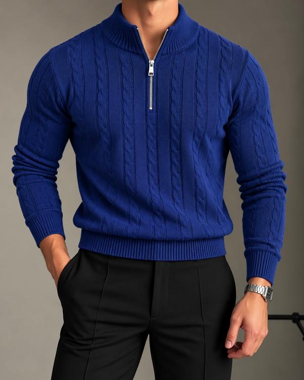 Royal Blue Textured Half-Zip Knit Sweater