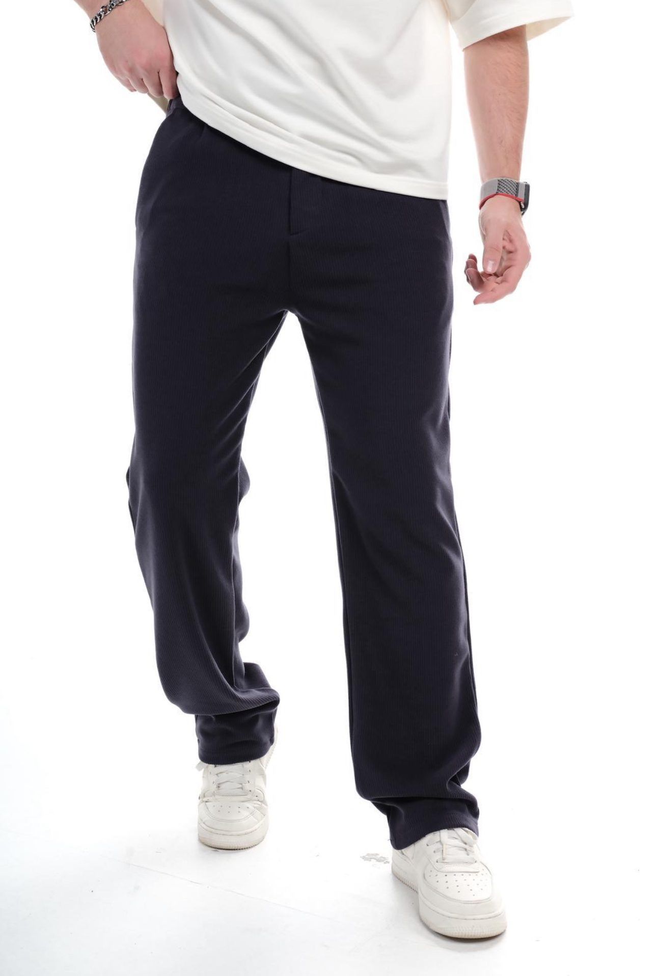RIBBED STRAIGHT-FIT TROUSERS – NAVY BLUE gallery.thumbnail 2