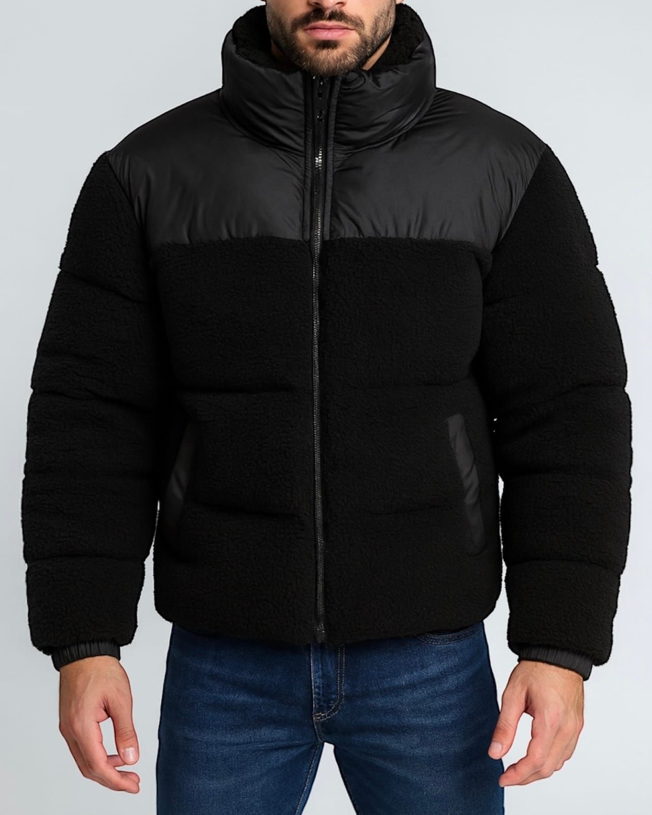 Black Sherpa Panel Puffer Jacket gallery.thumbnail 1