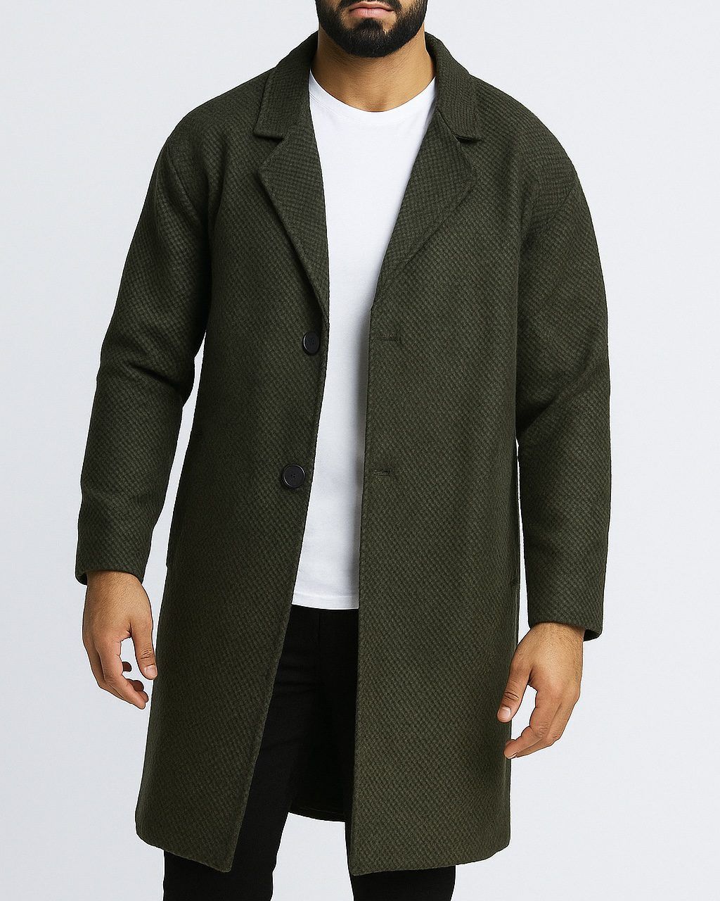 TEXTURED WOOL–LOOK OVERCOAT – DARK OLIVE 1