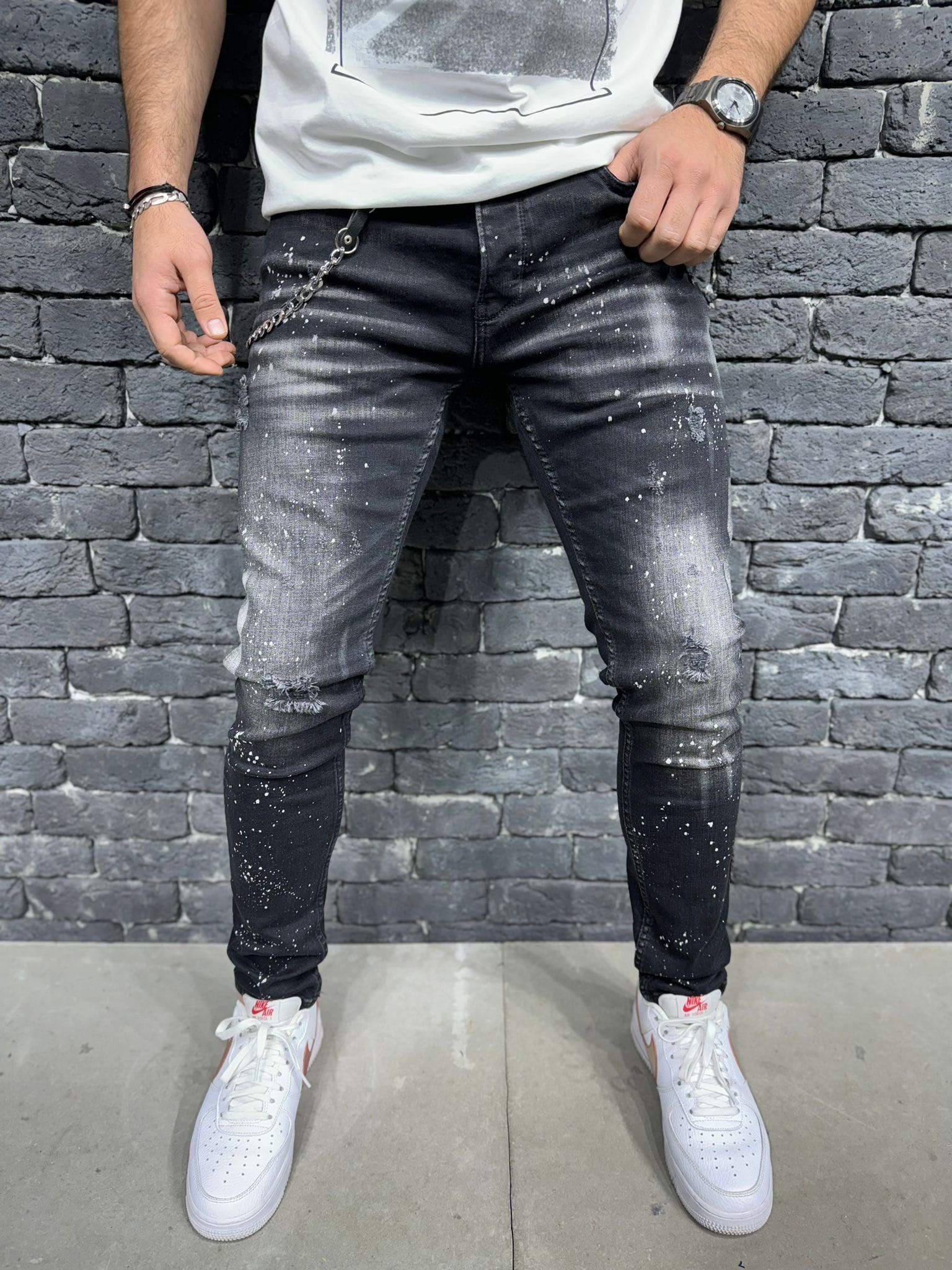 Black Washed Paint Effect Jeans gallery.thumbnail 1